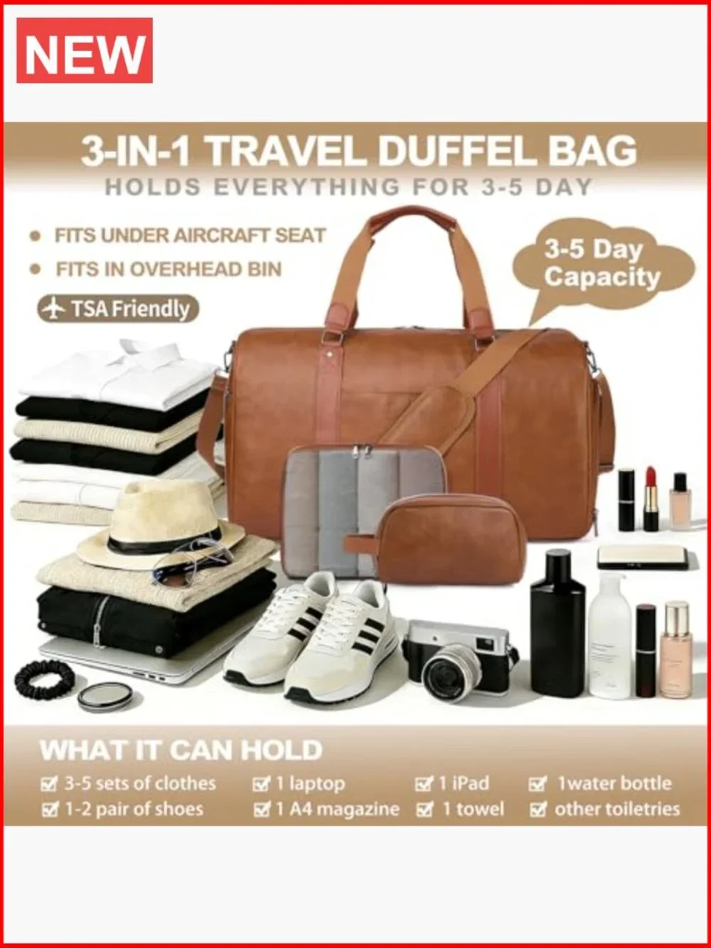 3-in-1 Faux Leather Travel Duffle Bag Weekender Overnight Carry On Gym Bag with